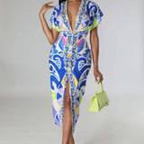 Paisley Geometrical 3D Print Short Sleeve Ruched Deep V-neck Midi Maxi Dress