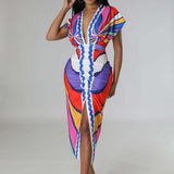 Paisley Geometrical 3D Print Short Sleeve Ruched Deep V-neck Midi Maxi Dress
