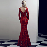 Deep V long sleeve split sequin evening dress