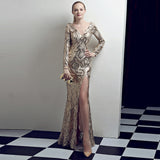 Deep V long sleeve split sequin evening dress