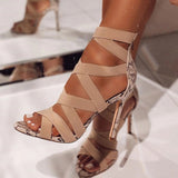 High heels with cross ties snake pattern thin Sandals