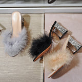 Reverse Leather Hand Stitched Round Head Rhinestone High Heel Women Sandals And Slippers Women Shoes