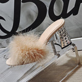 Reverse Leather Hand Stitched Round Head Rhinestone High Heel Women Sandals And Slippers Women Shoes