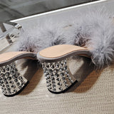 Reverse Leather Hand Stitched Round Head Rhinestone High Heel Women Sandals And Slippers Women Shoes