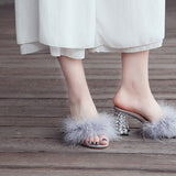 Reverse Leather Hand Stitched Round Head Rhinestone High Heel Women Sandals And Slippers Women Shoes