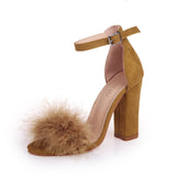 Faux Fur Buckle High-Heeled Sandals