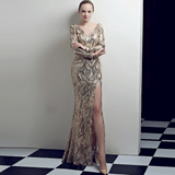 Deep V long sleeve split sequin evening dress