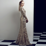 Deep V long sleeve split sequin evening dress