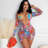 Printed Long-sleeved Lace-up Mesh Two-piece Suit