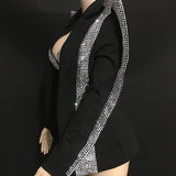 Sparkly Silver Rhinestones Outfit Set Women Bra Short Jacket Wear Clothes