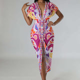 Paisley Geometrical 3D Print Short Sleeve Ruched Deep V-neck Midi Maxi Dress