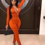 Kliou Orange Bodycon Jumpsuit Turtleneck Bodysuit