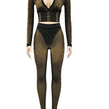 Rhinestone Studded Crop Top And Legging Mesh