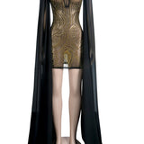 Flare Cape Sleeve Mesh Crystal Dress Sparkle See Through