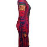 V Neck Print Patchwork Red Knee Length Dress 2