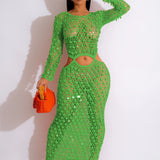 Shinny Sequined Knitted Long Dress  Hollow Out See Through Club Beach Cover Maxi