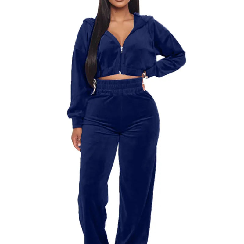 Velvet Tracksuit  Two Piece Set Zipper Hoodies Crop Top and Pants Sets