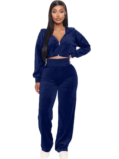 Velvet Tracksuit  Two Piece Set Zipper Hoodies Crop Top and Pants Sets