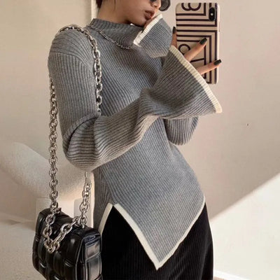 Turtleneck Side Slit Pullover Contrasting Colors