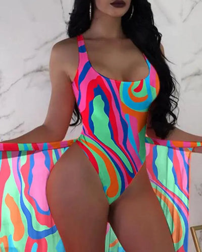 Multi-Color Abstract U-Neck Sleeveless Skinny One Piece  Swimsuit with Cover Up