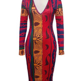 V Neck Print Patchwork Red Knee Length Dress 2