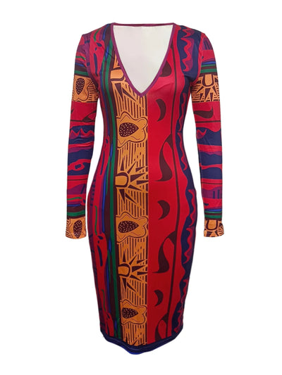 V Neck Print Patchwork Red Knee Length Dress 2