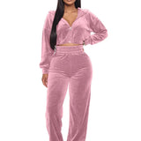 Velvet Tracksuit  Two Piece Set Zipper Hoodies Crop Top and Pants Sets