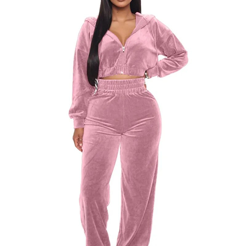Velvet Tracksuit  Two Piece Set Zipper Hoodies Crop Top and Pants Sets