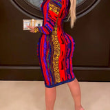 V Neck Print Patchwork Red Knee Length Dress 2