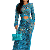 Shinny Sequined Knitted Long Dress  Hollow Out See Through Club Beach Cover Maxi