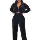 Velvet Tracksuit  Two Piece Set Zipper Hoodies Crop Top and Pants Sets