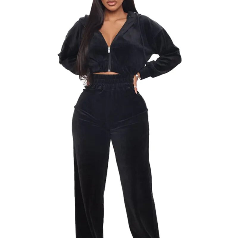 Velvet Tracksuit  Two Piece Set Zipper Hoodies Crop Top and Pants Sets
