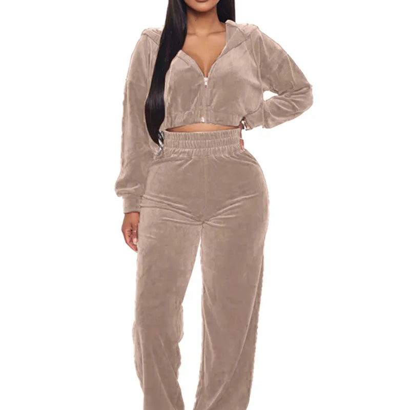 Velvet Tracksuit  Two Piece Set Zipper Hoodies Crop Top and Pants Sets