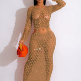 Shinny Sequined Knitted Long Dress  Hollow Out See Through Club Beach Cover Maxi