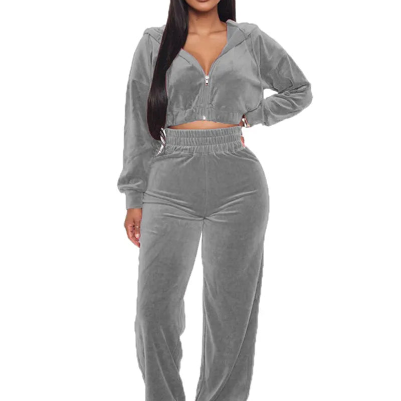 Velvet Tracksuit  Two Piece Set Zipper Hoodies Crop Top and Pants Sets