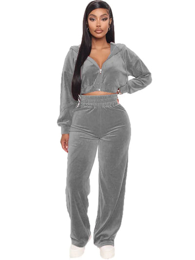 Velvet Tracksuit  Two Piece Set Zipper Hoodies Crop Top and Pants Sets