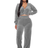 Velvet Tracksuit  Two Piece Set Zipper Hoodies Crop Top and Pants Sets