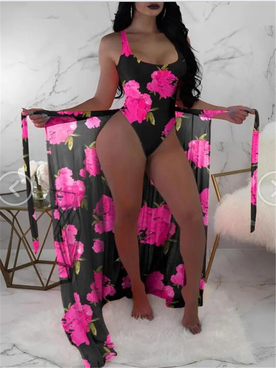 2 Piece Floral Print Bodysuit With Beach Skirt  Padded Bikinis Swimwear