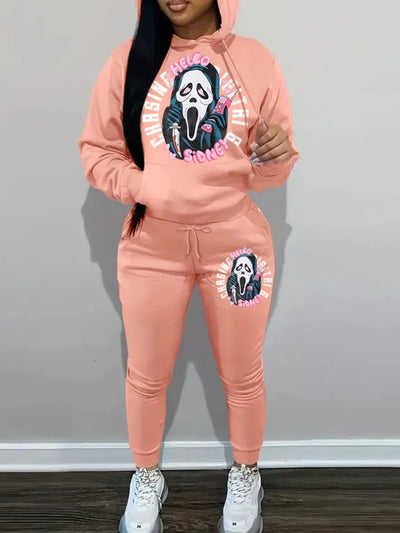 Cartoon Letter Print Kangaroo Pocket Tracksuit Pullover Set Two Pieces Outfit