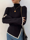 Turtleneck Side Slit Pullover Contrasting Colors