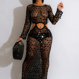 Shinny Sequined Knitted Long Dress  Hollow Out See Through Club Beach Cover Maxi