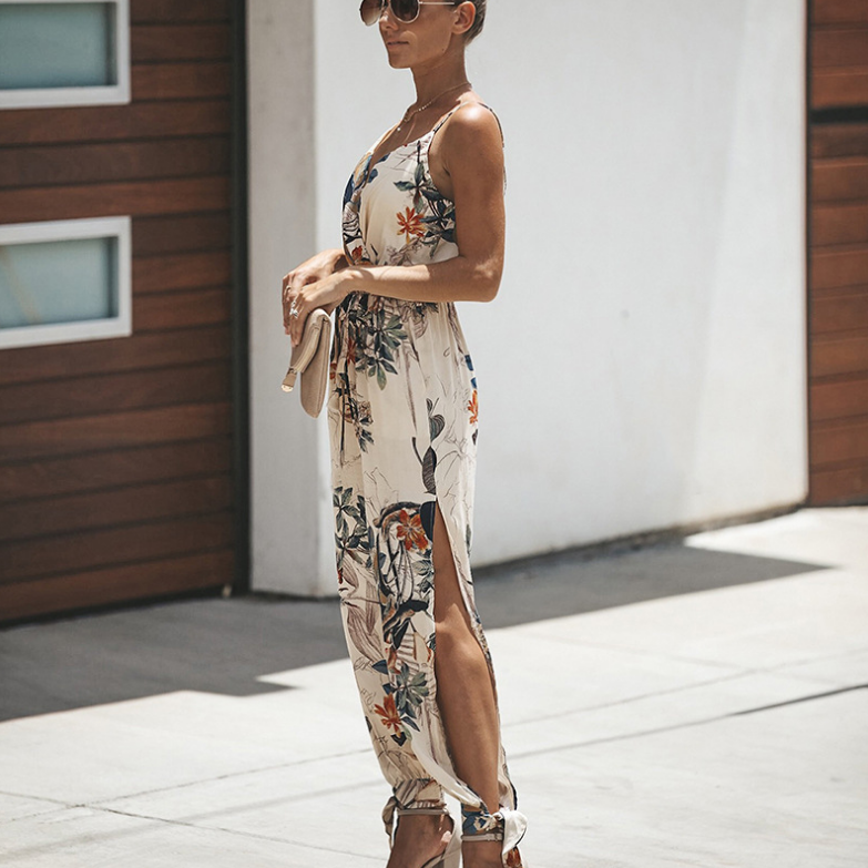 Printed sexy backless tether pocket sling V-neck female jumpsuit