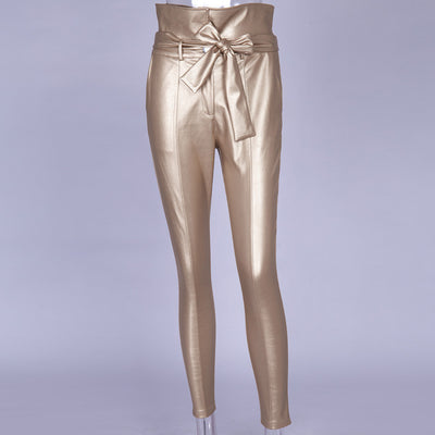 High waist pencil pants PU leather belt trousers