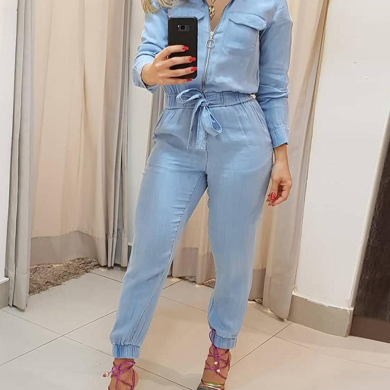 Blue Zipper Jumpsuit Trousers