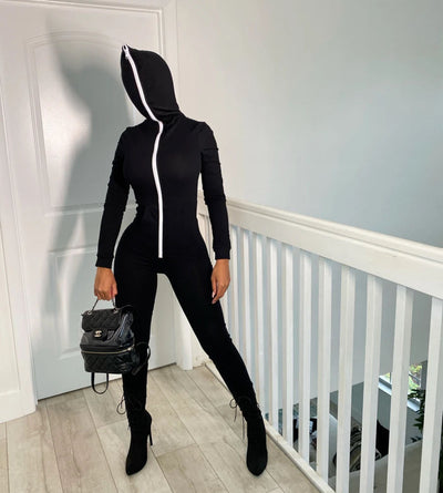 Hooded Solid Color Jumpsuit Sweater