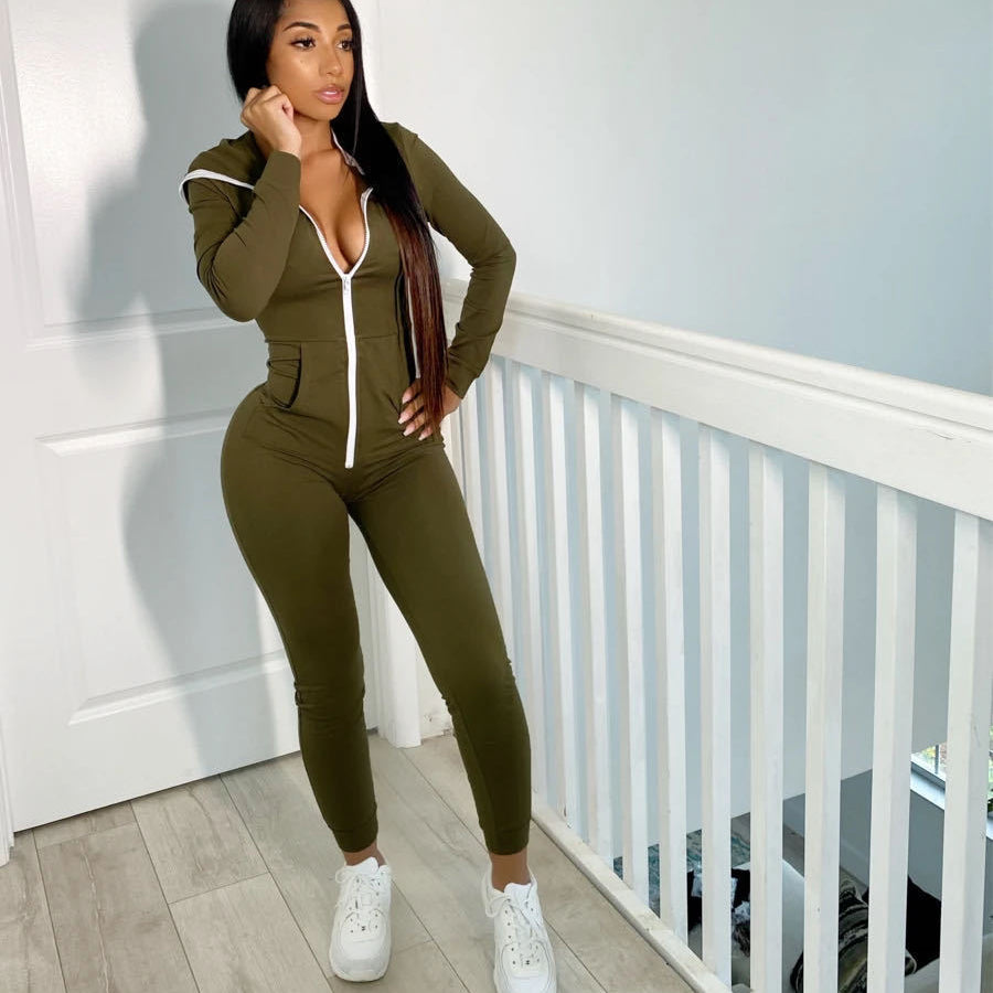 Hooded Solid Color Jumpsuit Sweater