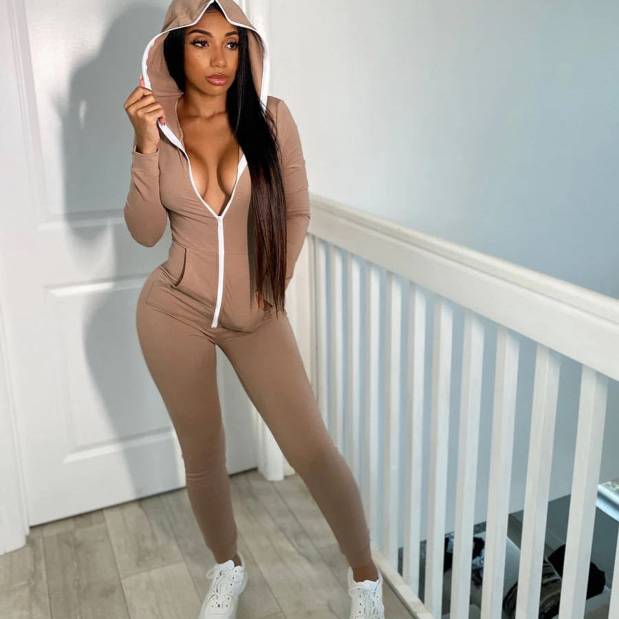 Hooded Solid Color Jumpsuit Sweater
