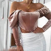 Explosive Fall And Winter Velvet Off-Shoulder Collar Pleated Long-Sleeved Top T-Shirt Women