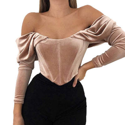 Explosive Fall And Winter Velvet Off-Shoulder Collar Pleated Long-Sleeved Top T-Shirt Women