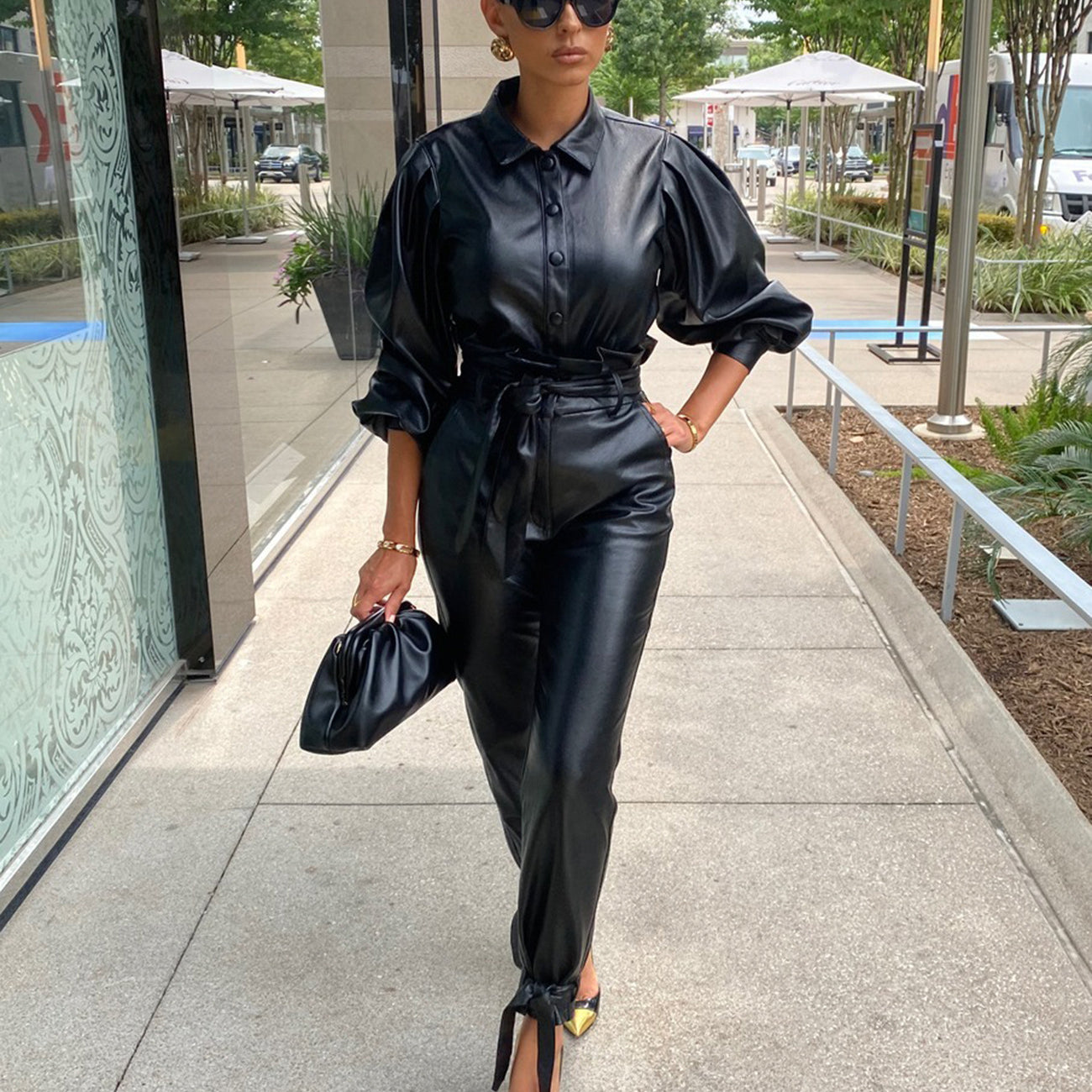 Two-piece Pu Leather Long-sleeved Suit